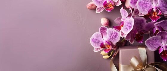 Naklejka na ściany i meble AI generated illustration of an orchid bouquet with a present box against background with copy space
