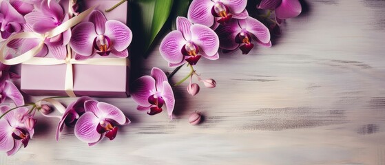 AI generated illustration of an orchid bouquet with a present box against background with copy space