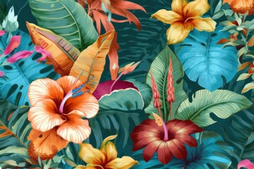 AI generated illustration of a bright and vivid tropical floral pattern background