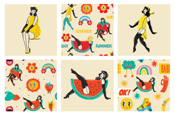 Beautiful young girls with fruits costume. Hot summer concept for advertising. Poster, sticker templates Vector background in in groovy pin-up pop art retro comic style.