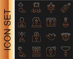 Set line Christian cross on chain, Flag with christian, Grave tombstone, Hands praying position, and Online church pastor preaching icon. Vector