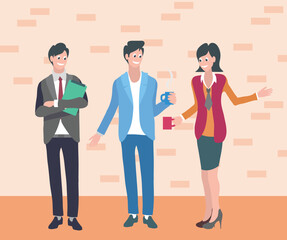 Communicating happy office workers or friends spend time together talking during coffee break. Colleagues, business people discussing work. Partners, company employee, characters have discussion