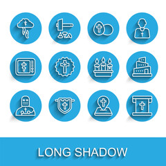 Set line Knight crusader, Flag with christian cross, God's helping hand, Location church building, Christian, Babel tower bible story and Burning candle candlestick icon. Vector