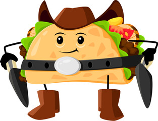 Cartoon taco cowboy, sheriff, bandit and robber or ranger tex mex mexican food character. Isolated vector rugged and daring Wild West personage wear hat and boots, armed with guns ready for adventure