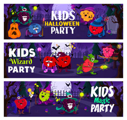Halloween party, cartoon berry wizards and mages at cemetery. Vector horizontal banners with gooseberry, blueberry and barberry, cherry, raspberry, cloudberry and blackberry funny warlock characters