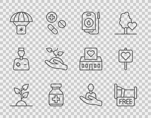 Set line Volunteer team planting trees, Free overnight stay house, Blood donation, Medicine bottle and pills, Humanitarian aid, Caring for people and Location with heart icon. Vector
