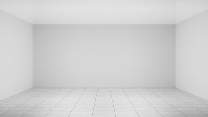 White empty studio room interior design, white walls and corner, tiled white empty floor background, luxury empty interior for product desplay