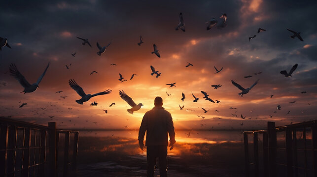 The man who broke the chains and set the birds free enjoys nature at sunrise. concept of freedom, Generative Ai