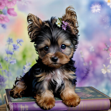 本に乗って押し花製作中のヨークシャーテリアの子犬 Generative AI