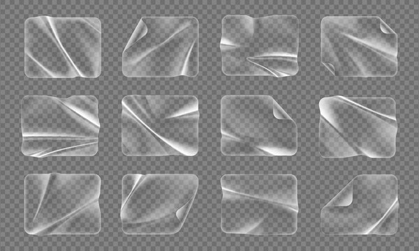 Transparent rectangle plastic patch stickers, overlay adhesive sticker realistic 3d vector mockup. Clear shrunken decals with rectangular shape. Durable, versatile, and easy to apply set of pvc labels