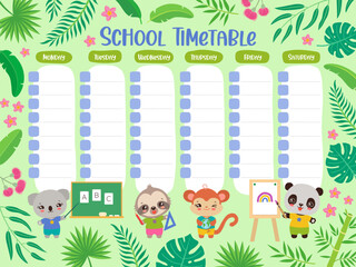 Weekly planner for elementary school. Timetable schedule template. Back to school poster printable layout of time table with days of a week. Cartoon animals cute kids kawaii students. 