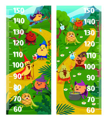 Kids height chart measure ruler with cartoon Halloween fruit wizards and mages. Vector growth meter with peach, banana, pineapple and garnet, orange with quince, apple, pear and mango wall scale