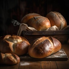 AI generated illustration of freshly-baked bread loaves on a wooden table, illuminated by light