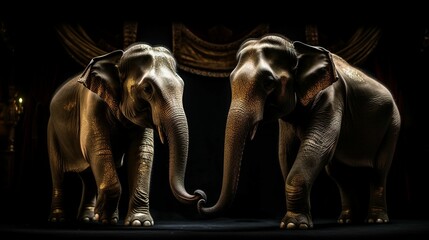 AI generated illustration of two ornamental elephant figures on a dark background
