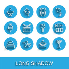 Set line Pyramid toy, Rubber duck, Whirligig, Robot, Rake, Drum with drum sticks, Battery and Pinwheel icon. Vector