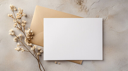 White Greeting Card Mockup with Subtle Boho Floral Accents. Invitation Card Mockup With Flowers For Special Occasions