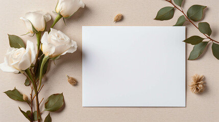 White Invitation Card Mockup For Weedings Or Birthdays. Boho Style Invitation Card On Elegant Background. Generative AI