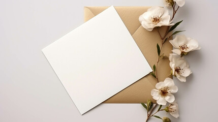 White Greeting Card Mockup With Boho Style. Invitation Card With Flowers For Special Occasions On Minimalist Background. Generative AI