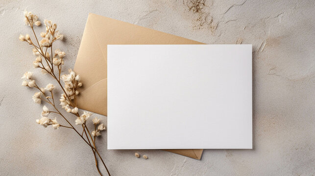 White Greeting Card Mockup with Subtle Boho Floral Accents. Invitation Card Mockup With Flowers For Special Occasions. Generative AI