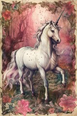 Obraz na płótnie Canvas AI-generated illustration of a mythical white unicorn in a lush forest with pink flowers.