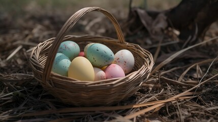 AI-generated illustration of a basket filled with multicolored Easter eggs.