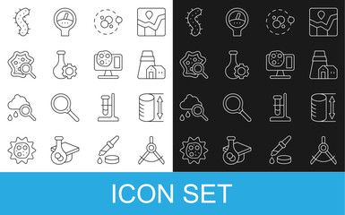Set line Drawing compass, Height geometrical figure, Power station plant, Atom, Test tube, Microorganisms under magnifier, Virus and Genetic engineering icon. Vector
