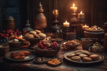 Obraz na płótnie Canvas AI-generated illustration of a traditional Ramadan dinner table illuminated by candlelight.