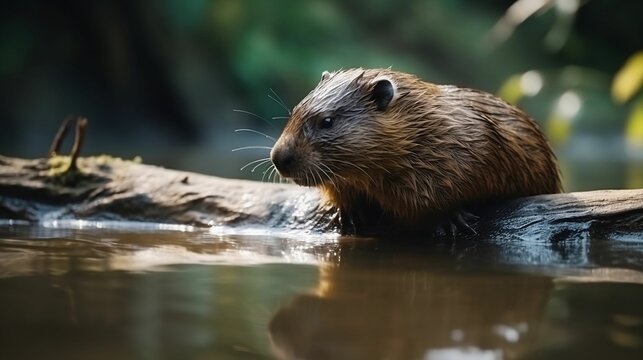 AI-generated illustration of a beaver resting on a log in the river.