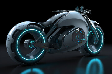 Futuristic motorcycle with neon blue lights on black background - the vehicle of the future concept. Generative AI