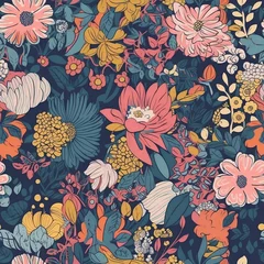 Deurstickers AI generated illustration of a background with a vibrant array of flowers and foliage patterns © Idorosh/Wirestock Creators