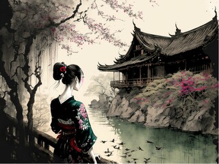 AI generated illustration of A beautiful painting of a geisha in traditional dress standing