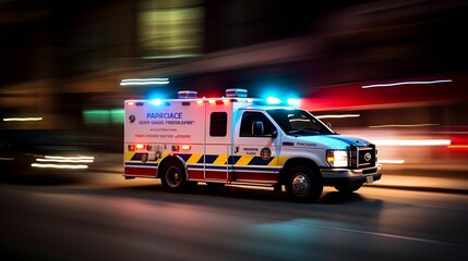 AI-generated illustration of an emergency response vehicle driving down a street at night.