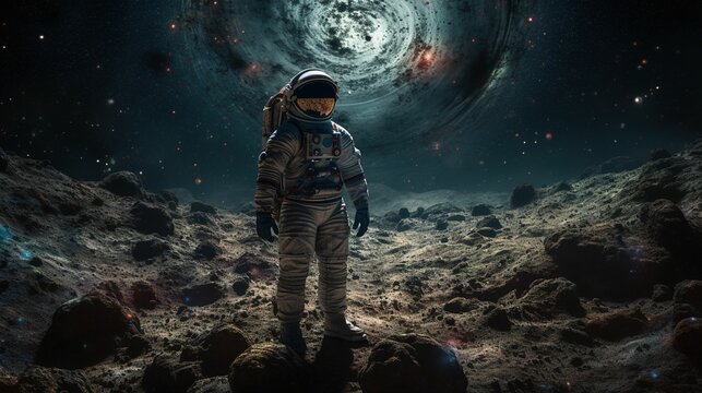 AI generated illustration of an astronaut in a spacesuit stands atop a rocky and rugged terrain