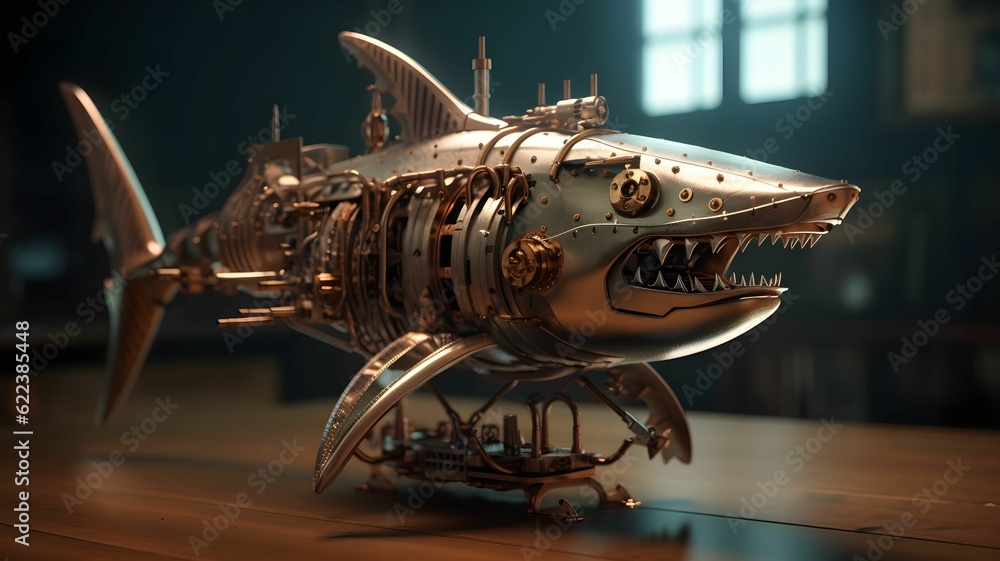 Poster ai generated illustration of a metallic robotic shark figure with intricate gears and cogs