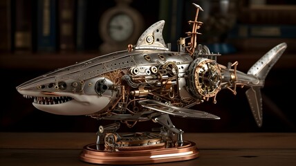 AI generated illustration of a metallic robotic shark figure with intricate gears and cogs