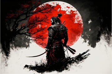Fototapeta na wymiar AI generated illustration of a solitary samurai stands against a backdrop of a vibrant red sunset