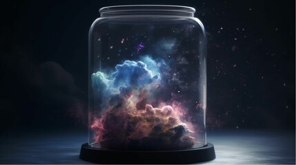 AI generated illustration of a clear glass container a miniature galaxy inside