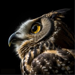 a close up of a large owl's face with very yellow eyes