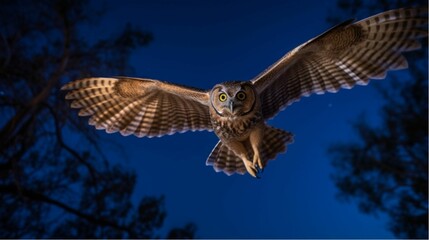 Fototapeta premium an owl is flying high up at night, the bird looks like it has its
