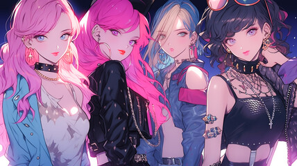 Lofi synthwave anime characters. K-pop band representation. Created with Generative AI.