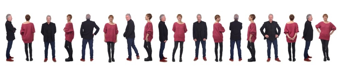line of various poses of same man and woman standing on white background