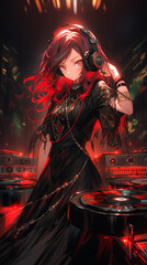 Gothic lo-fi anime character. DJ girl artist in a black dress with red hair. Created with Generative AI.