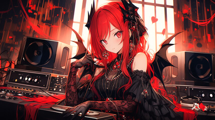 Gothic lo-fi anime character. DJ girl artist in a black dress with red hair. Created with Generative AI.