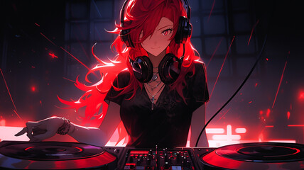 Gothic lo-fi anime character. DJ girl artist in a black dress with red hair. Created with Generative AI. - obrazy, fototapety, plakaty