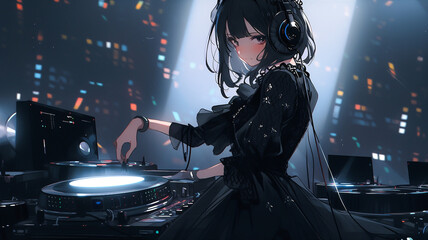 Gothic lo-fi DJ girl in a dark dress. Created with Generative AI.