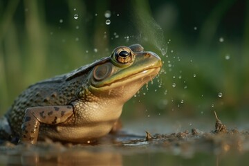Obraz premium AI generated illustration of a green frog in the splashing pond water