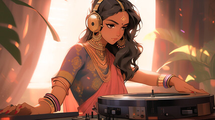 Indian female DJ, lofi character. Created with Generative AI.