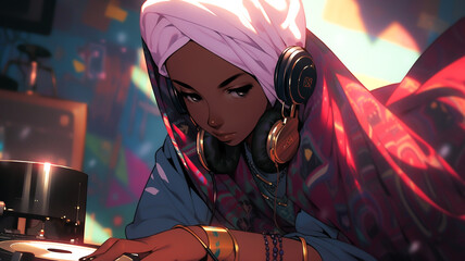 Ethnic DJ lofi character. Created with Generative AI.