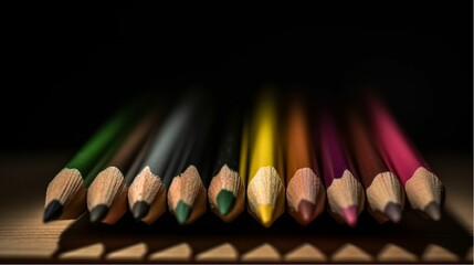 AI generated illustration of a pile of colored pencils on a tabletop against a solid black backdrop