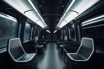 Interior of the salon of futuristic train, metro, subway - the vehicle of the future concept. Generative AI